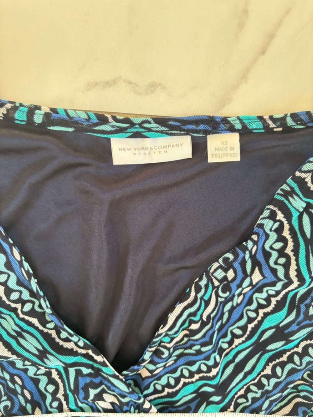 New York & Company Navy Blue and Teal Patterned Wrap Dress like New - Picture 13 of 16